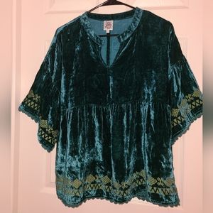 Ivy Jane Embroidered Green Jewel Tone Velvet Boho Blouse